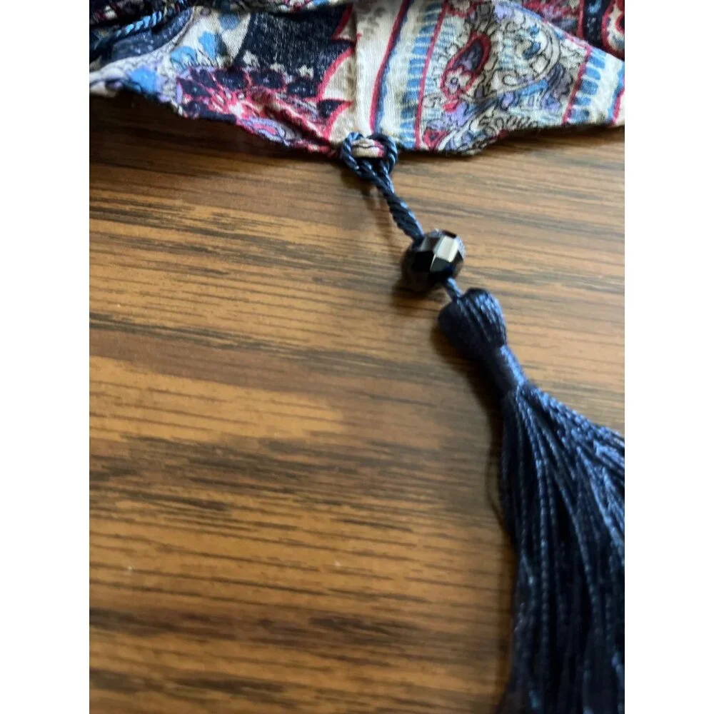Blue pink white paisley scarf with tassels